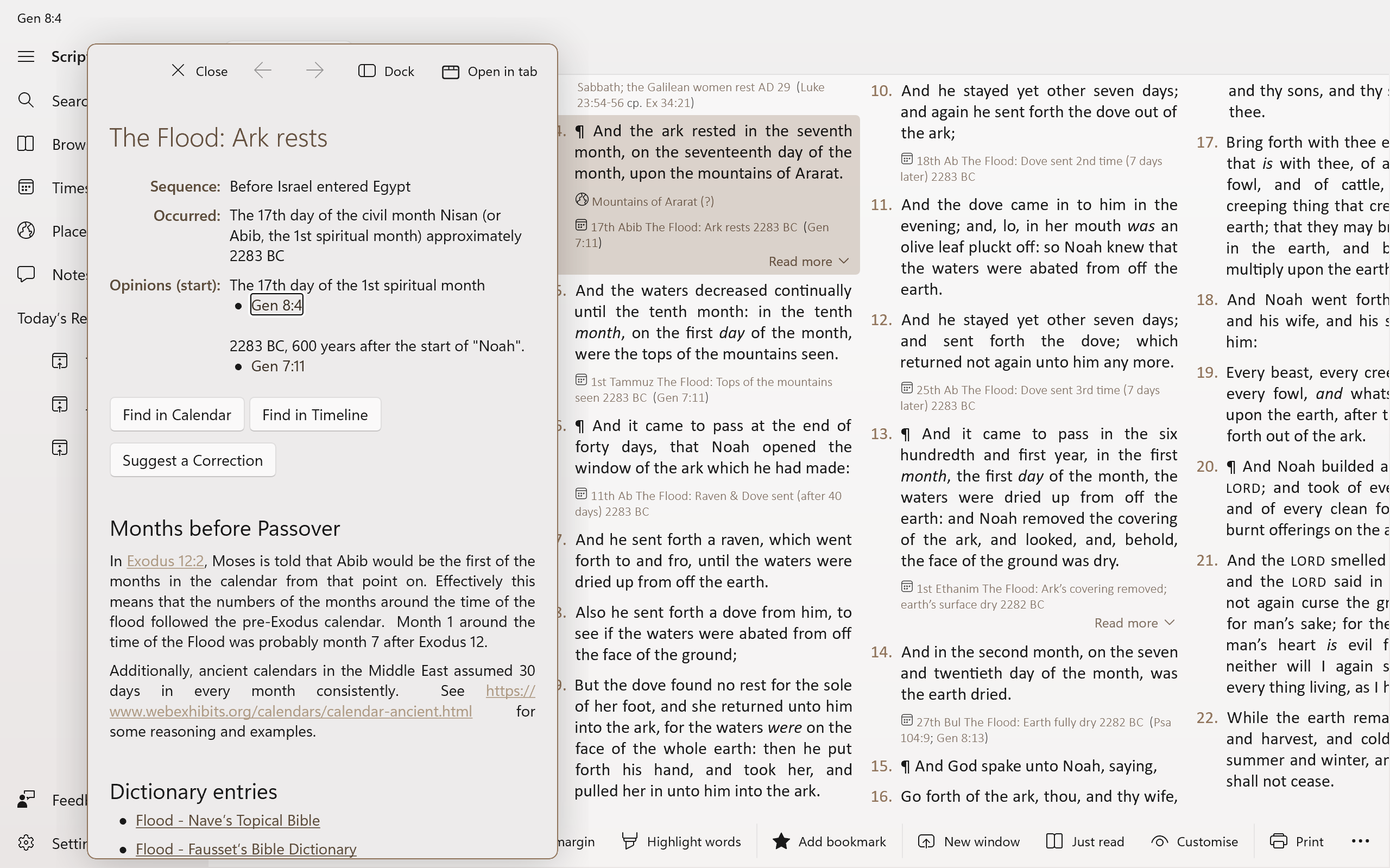 Screenshot showing entries next to a verse