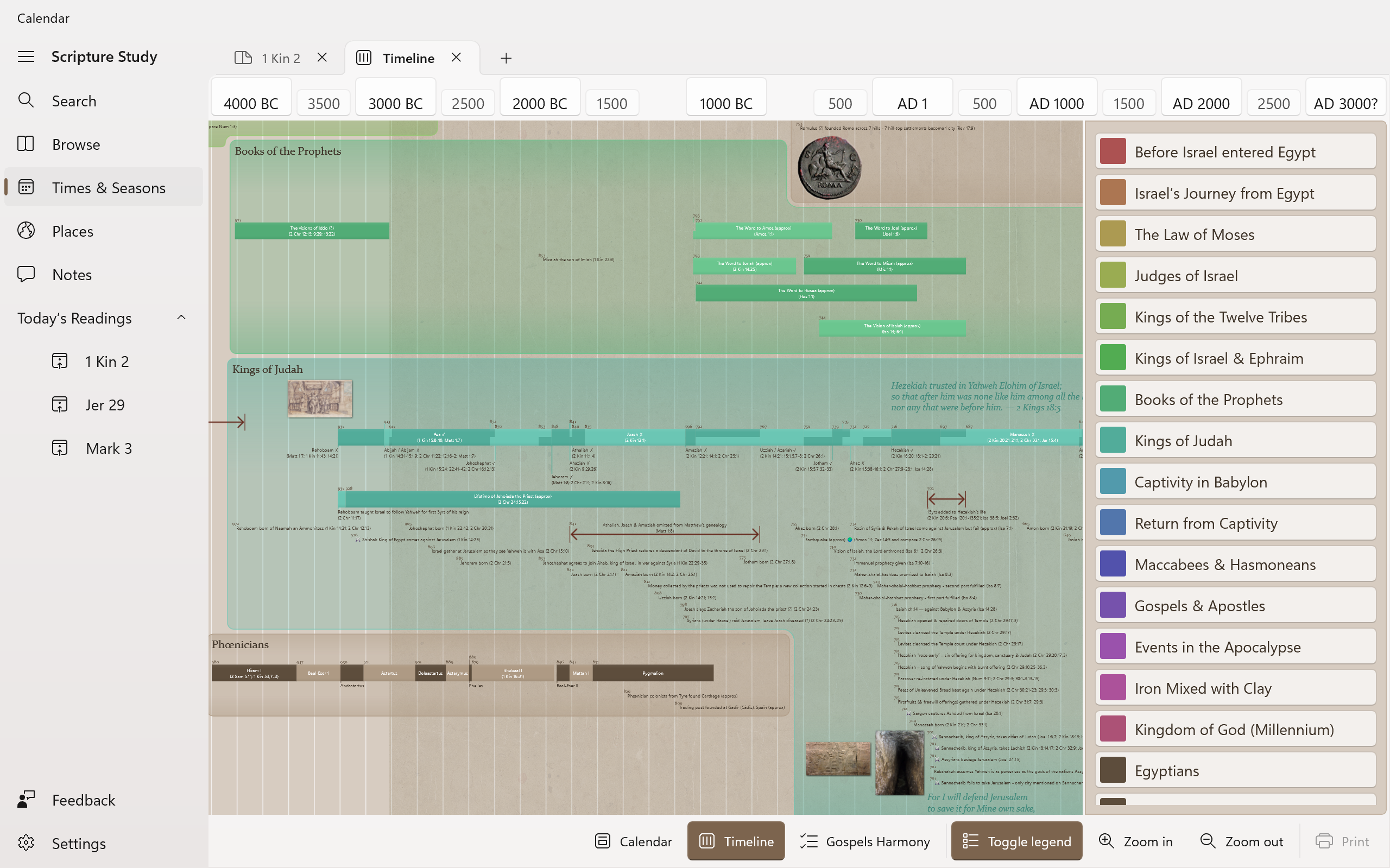 Screenshot showing part of the Timeline view of events in the Bible