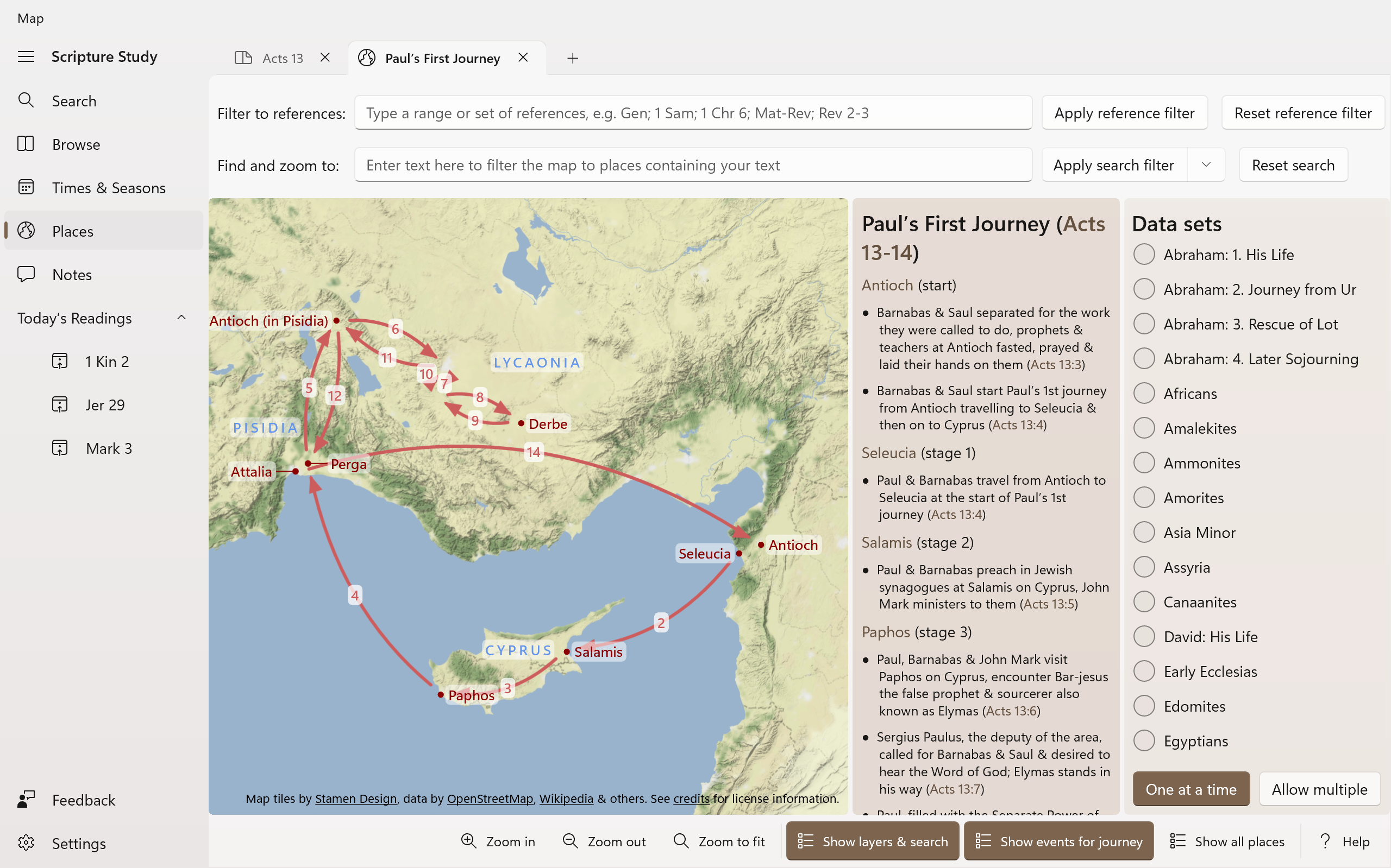 Screenshot showing a map of Paul's first journey