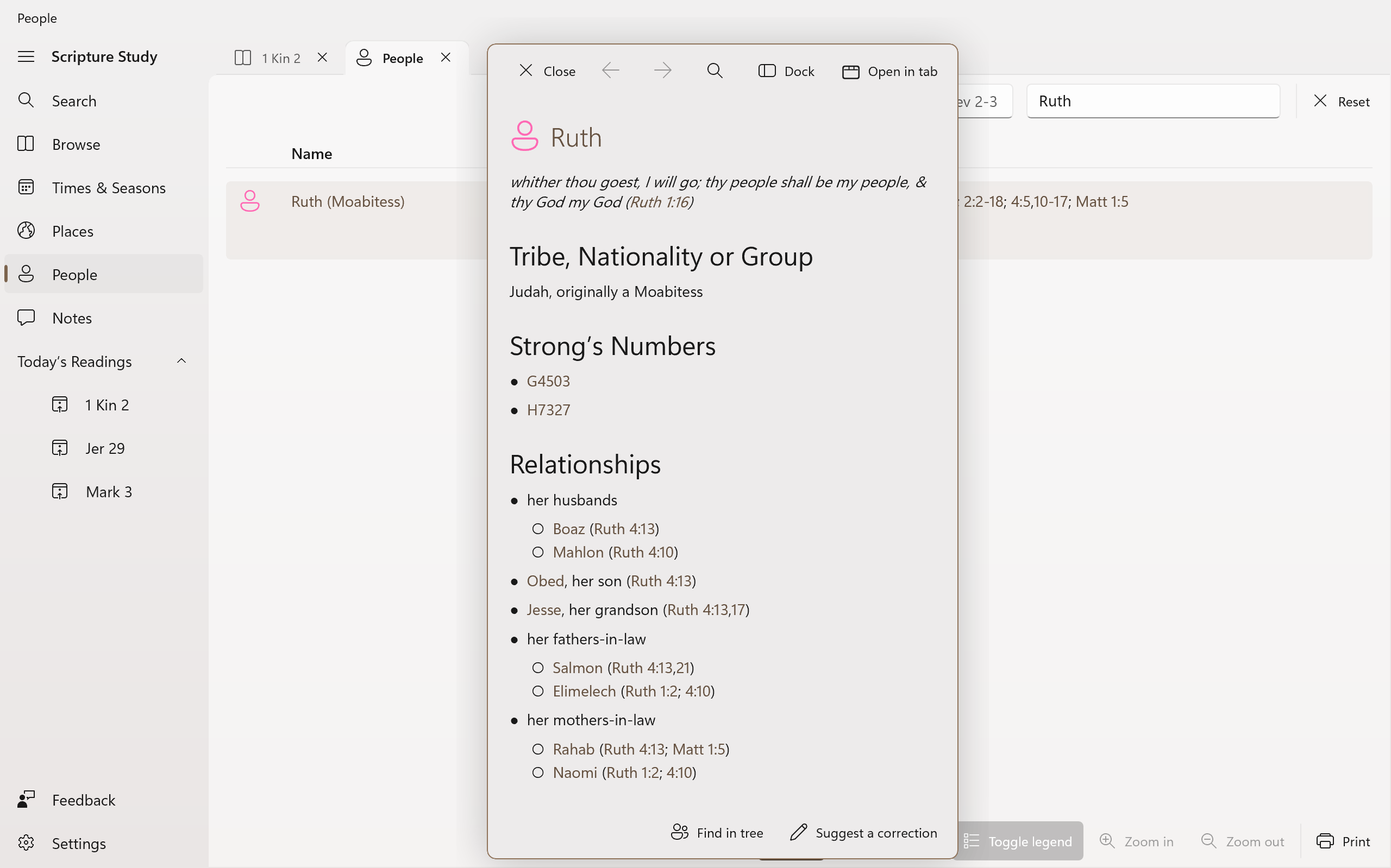 Screenshot showing Ruth's details, including her tribe, Strong's numbers and relationships