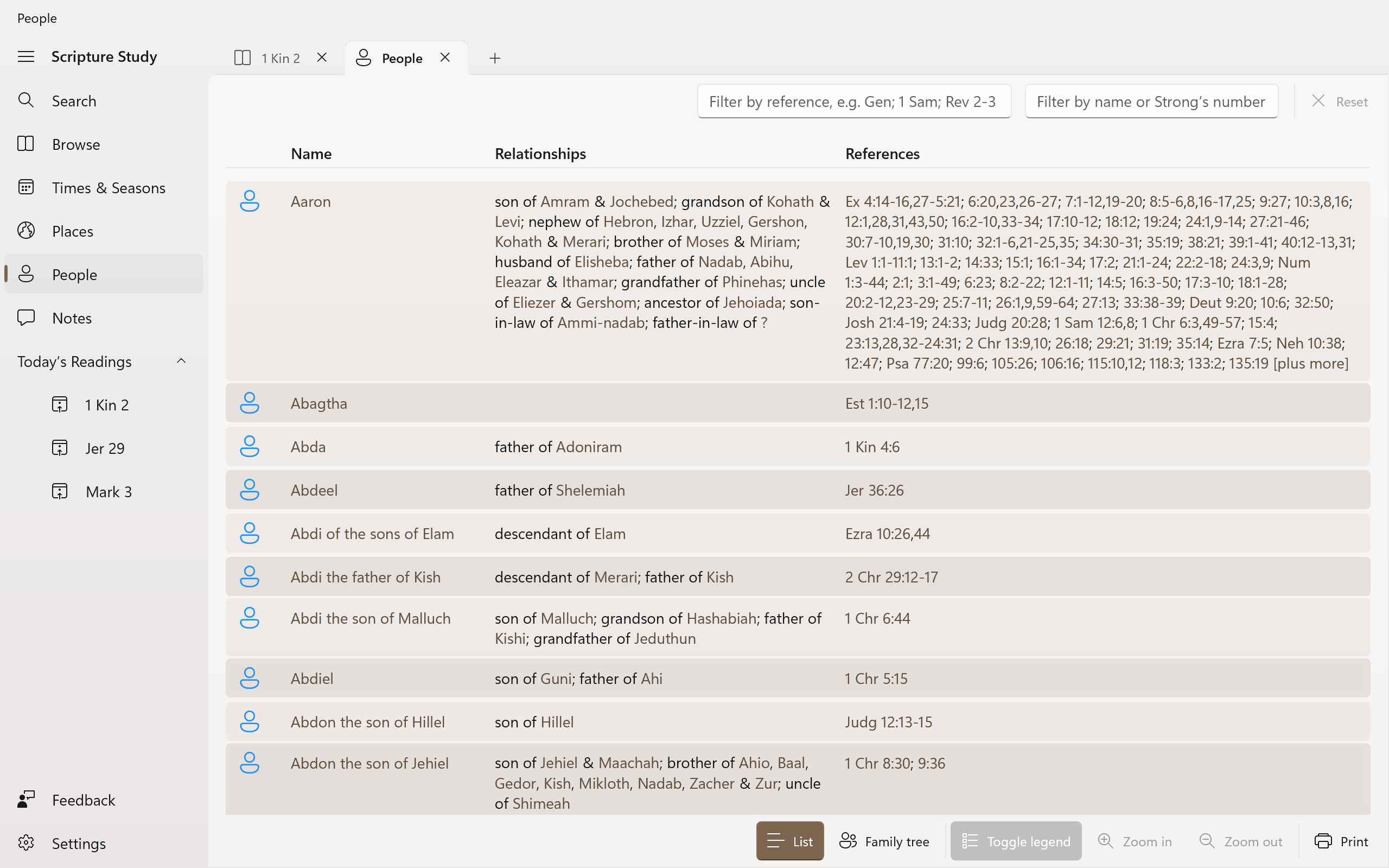 Screenshot showing the list of people in the Bible, with their relationships and references