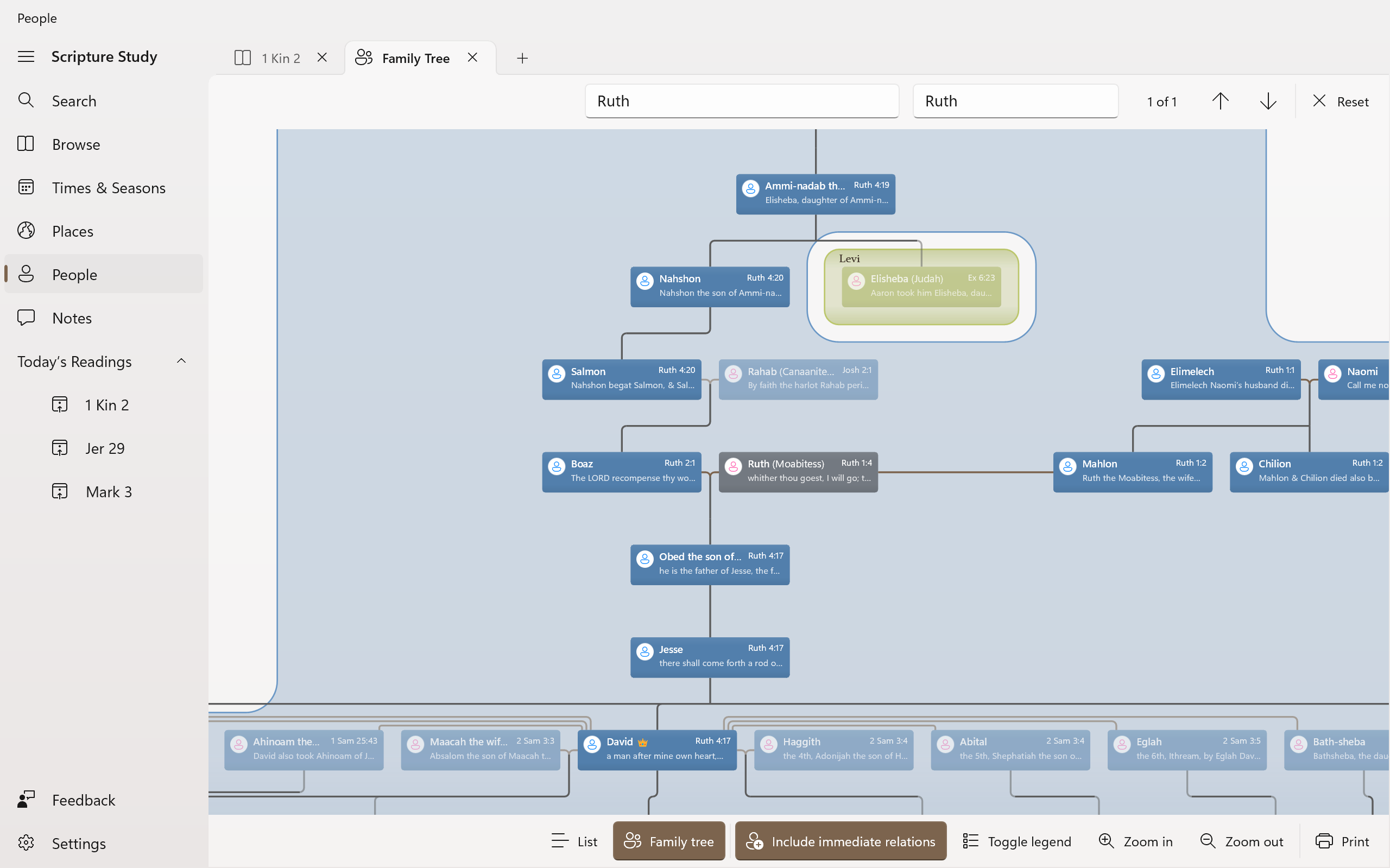 Screenshot showing the family tree filtered to the people of the book of Ruth, with their relations faded