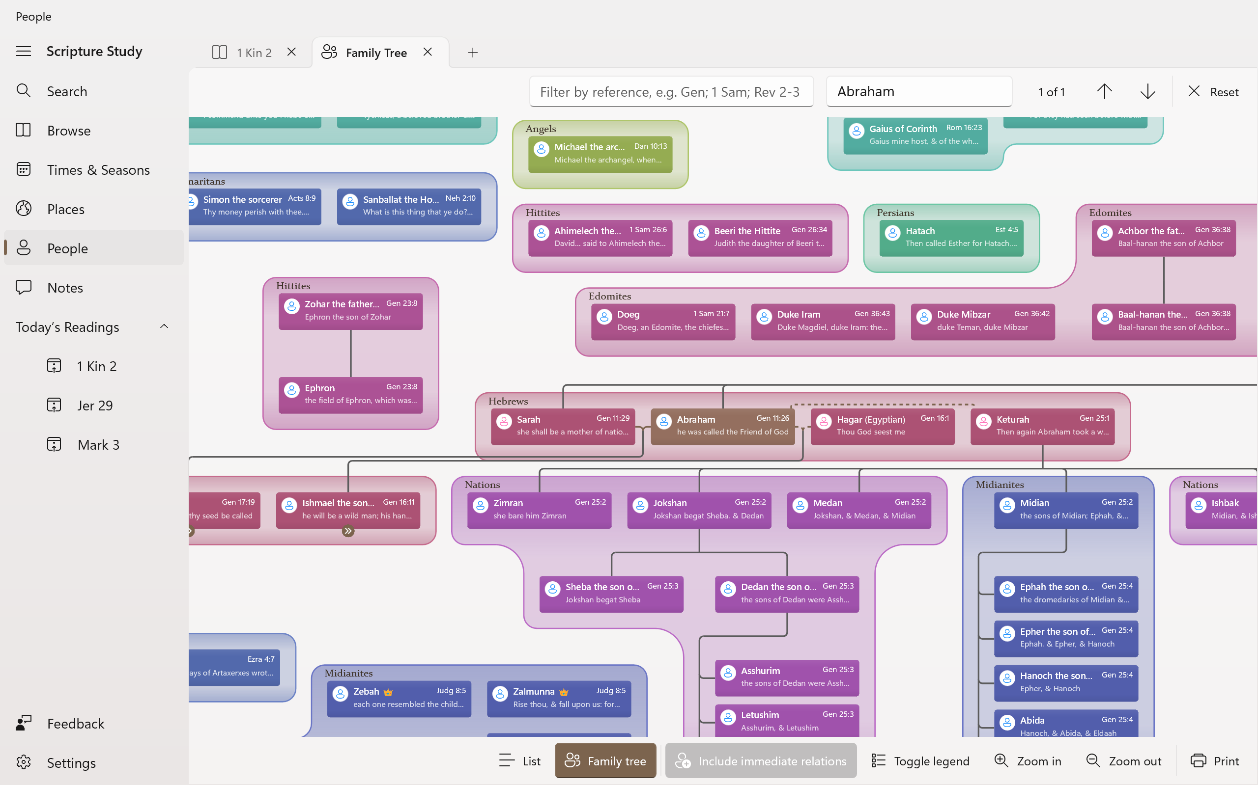Screenshot showing Abraham's family in the family tree of people in the Bible